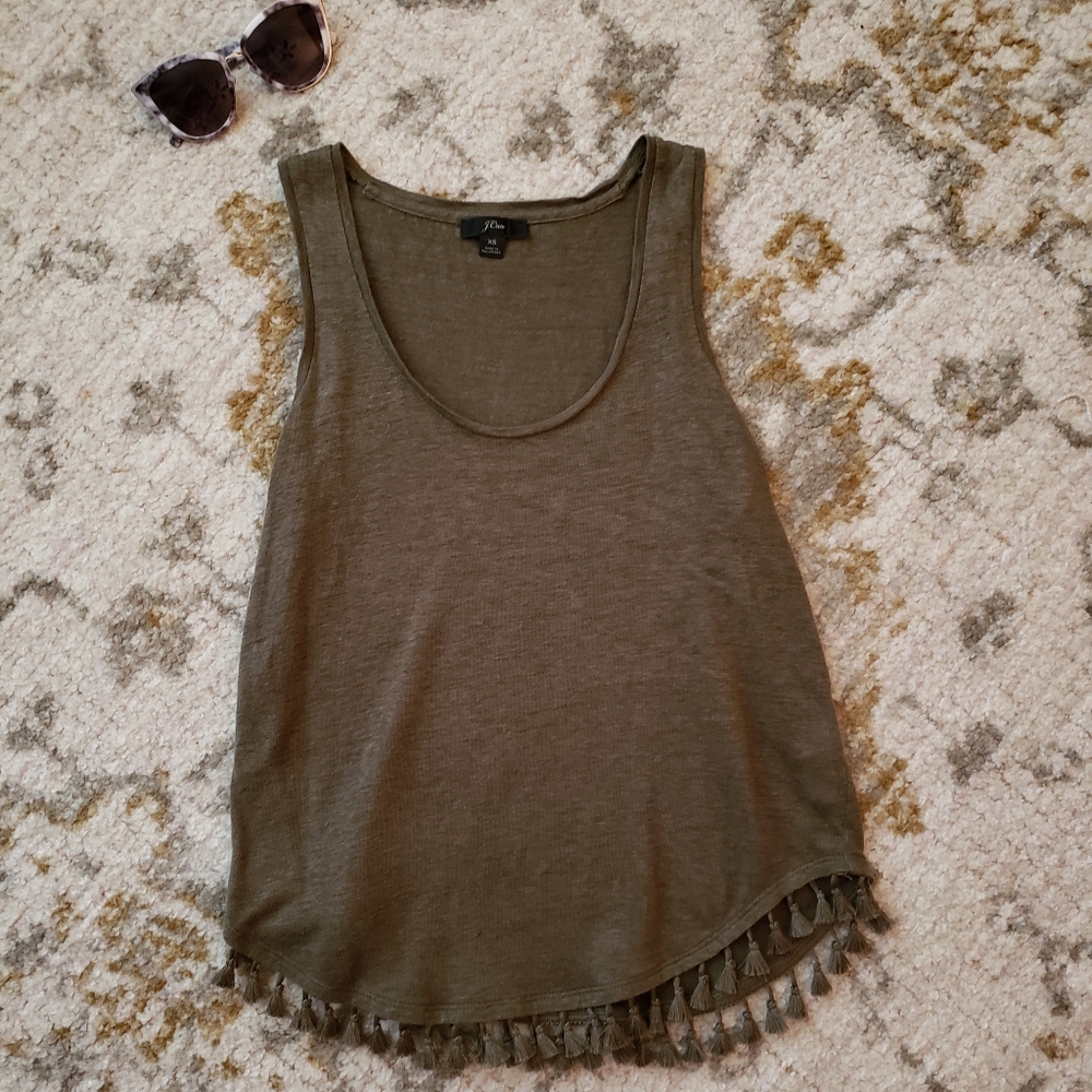 J Crew olive tank top with tassels. Size XS